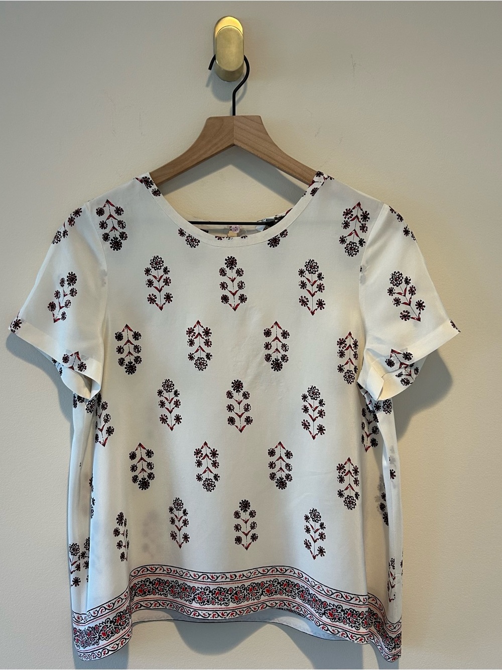 Madewell Women’s 100% Silk White Blouse with Maroon Floral Motif